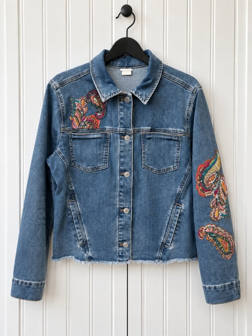 Boho Embellished Denim Jacket Paisley Detail Raw Hem Medium Wash Size Large